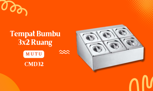 Tempat Bumbu MUTU 3x2 Ruang CMD32 Condiment Dispenser merupakan tempat bumbu dapur atau tempat penyimpanan topping makanan berbahan stainless yang sangat cocok digunakan untuk rumahan, restoran, rumah makan, cafe dan hotel. sehingga tempat bumbu lebih teratur dan tidak membuat dapur anda berantakan. dengan desain yang sangat elegan sehingga dapat mempercantik dapur anda. dilengkapi dengan 3 buah tempat bumbu dan terbuat dari material SS 201 dan ketebalan 0,7 mm dan. Dimensi : 345x425x250 mm. Beli Produk MUTU termurah di Indonesia! Belanja online di DuniaMasak sekarang dan temukan diskon Produk MUTU lainnya untuk mendapatkan harga terbaik.